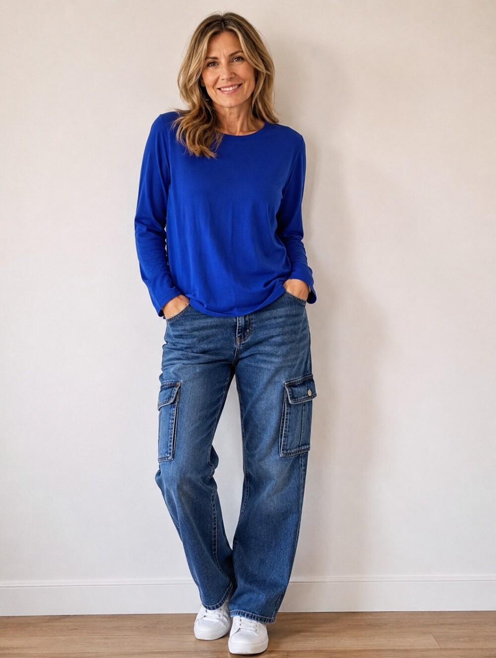 Land's End 100% Supima® Cotton Long Sleeves Crew Neck Jewel Blue Top- SZ:M